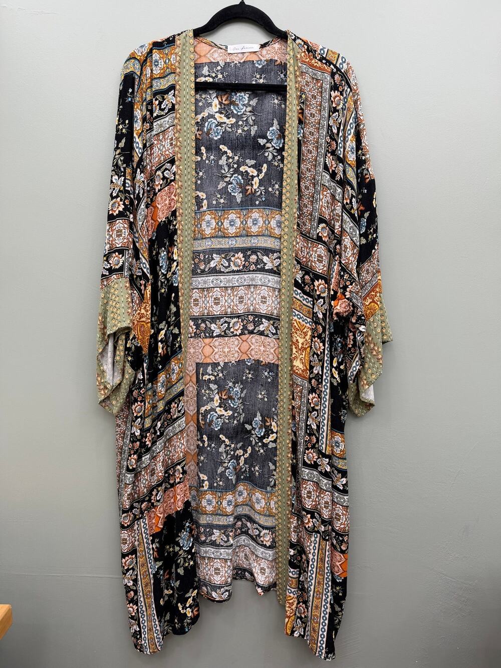 Ces Femme Boho Patchwork Floral Kimono Duster Cardigan Large Rayon USA